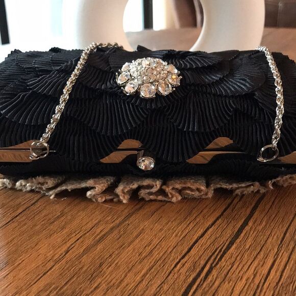 LORREN BELL LAYERED JEWELED HARD CLUTCH BLACK FORMAL WEDDING PROM FEMININE PURSE - Picture 8 of 9